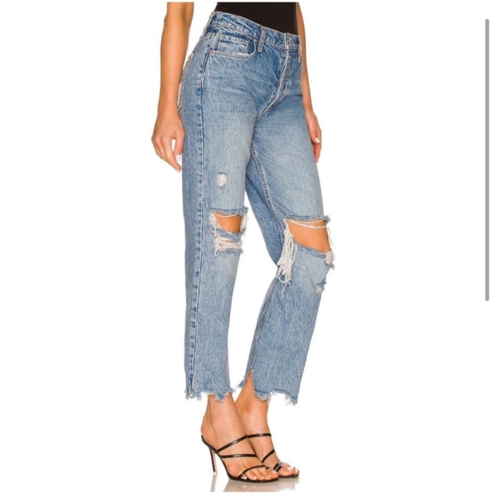 Free People Tapered Baggy Boyfriend Distressed Mid Century Blue Jeans Holes